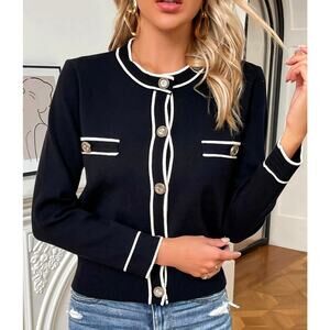 Knit Mix Frenchy Black Contrast Trim Cardigan Women’s XL Gold Button